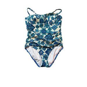Chico's Indigo Ruch One Piece Swimsuit Adjustable Strap Blue White Sz 10‎